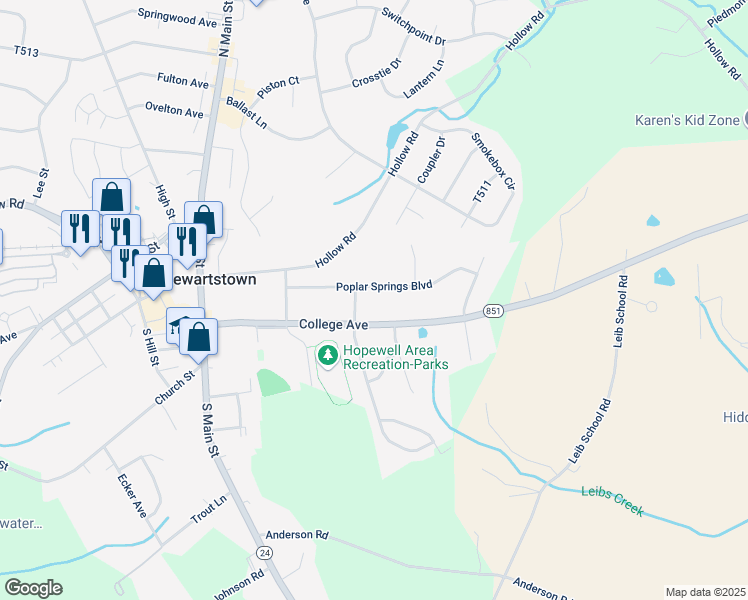 map of restaurants, bars, coffee shops, grocery stores, and more near 54 Poplar Springs Blvd in Stewartstown