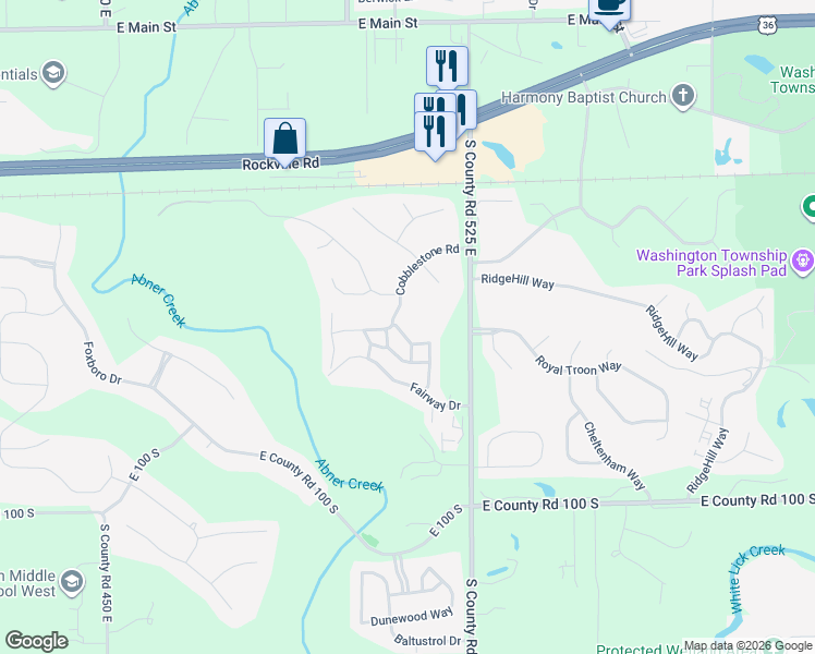map of restaurants, bars, coffee shops, grocery stores, and more near 633 Cobblestone Road in Avon