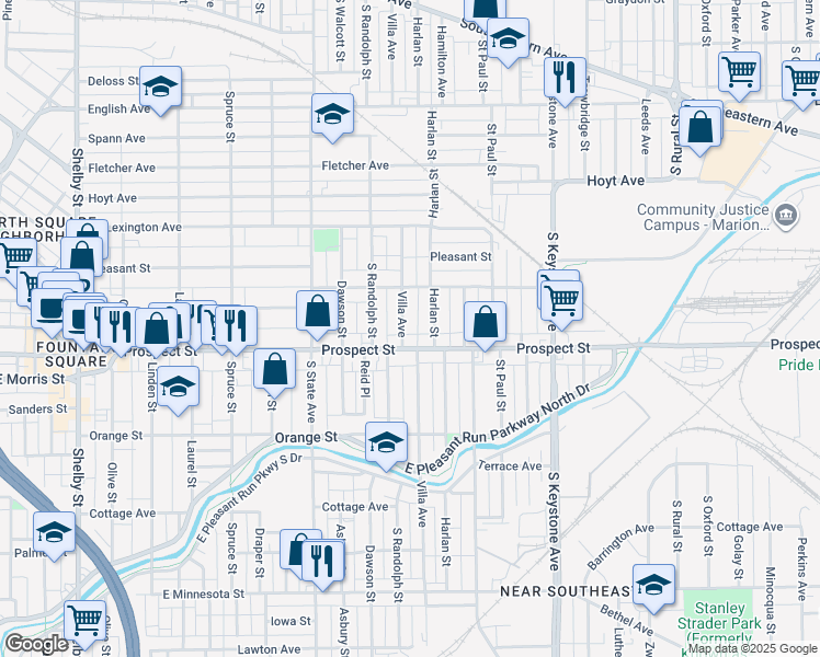 map of restaurants, bars, coffee shops, grocery stores, and more near 1049 Villa Avenue in Indianapolis