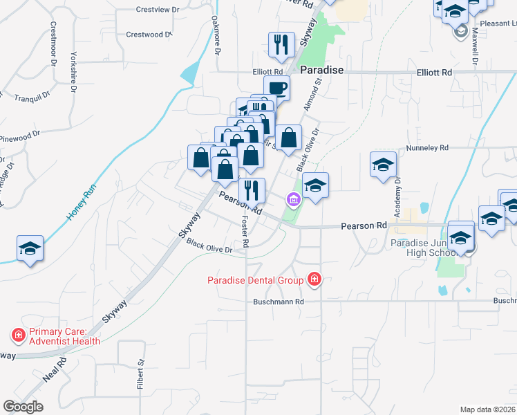 map of restaurants, bars, coffee shops, grocery stores, and more near 145 Pearson Road in Paradise