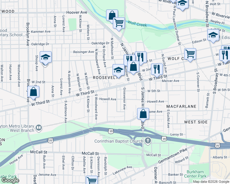 map of restaurants, bars, coffee shops, grocery stores, and more near 19 South Mathison Street in Dayton