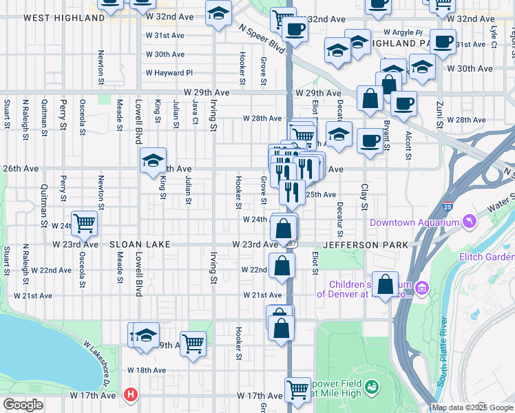 map of restaurants, bars, coffee shops, grocery stores, and more near 2427 Grove Street in Denver