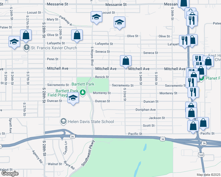map of restaurants, bars, coffee shops, grocery stores, and more near 1515 South 32nd Street in Saint Joseph
