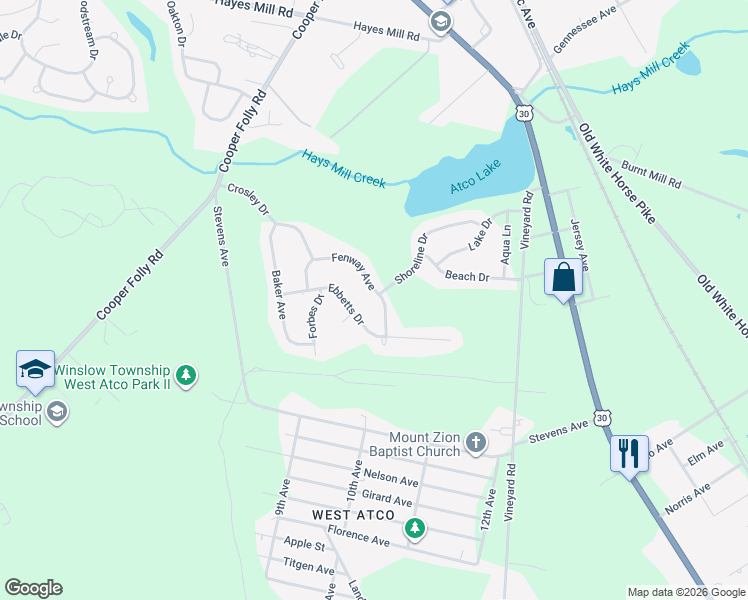map of restaurants, bars, coffee shops, grocery stores, and more near 111 Fenway Avenue in Atco