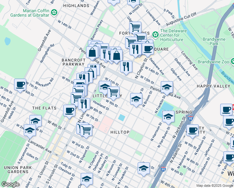 map of restaurants, bars, coffee shops, grocery stores, and more near 1621 West 10th Street in Wilmington