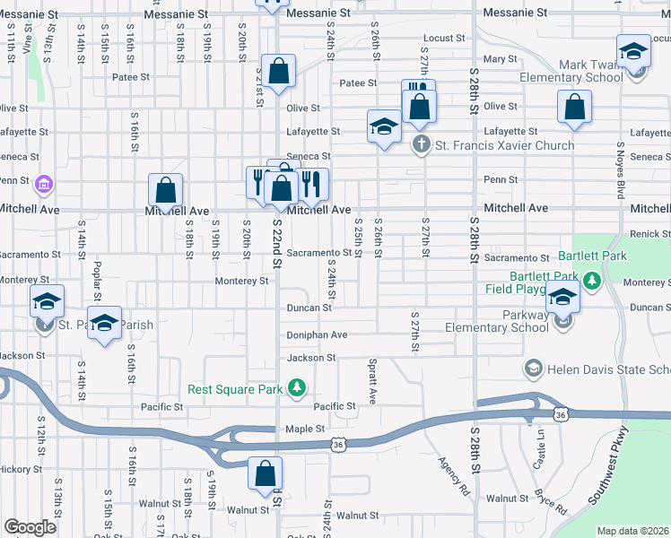 map of restaurants, bars, coffee shops, grocery stores, and more near 1511 South 24th Street in Saint Joseph