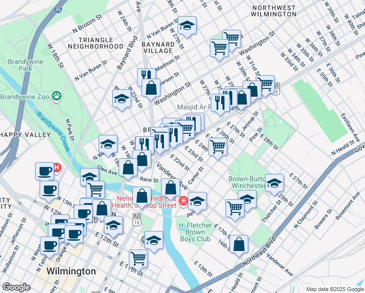 map of restaurants, bars, coffee shops, grocery stores, and more near 2230 North Market Street in Wilmington
