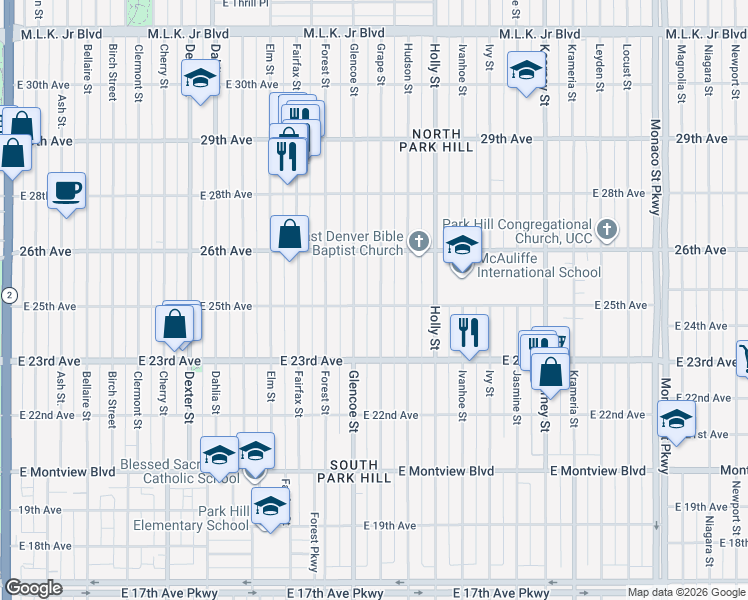 map of restaurants, bars, coffee shops, grocery stores, and more near 2501 Grape Street in Denver