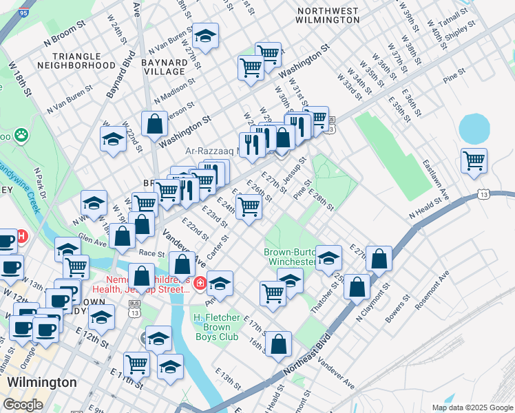map of restaurants, bars, coffee shops, grocery stores, and more near 114 East 25th Street in Wilmington