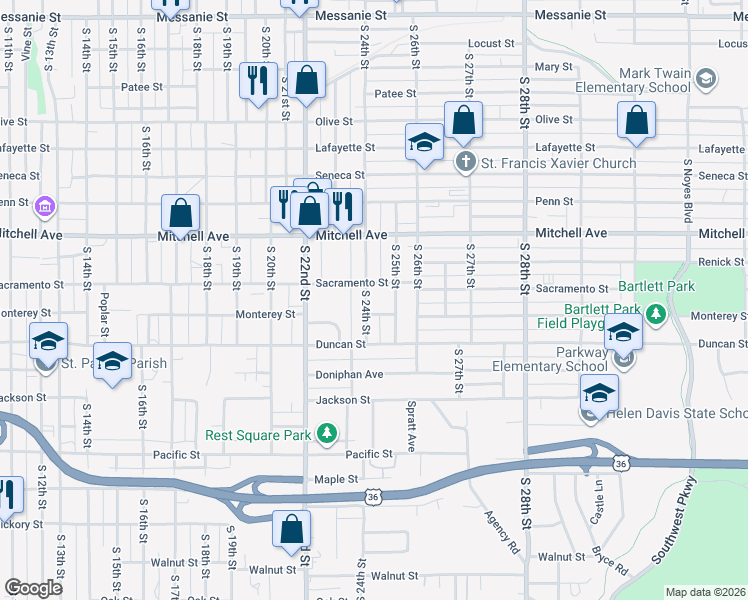 map of restaurants, bars, coffee shops, grocery stores, and more near 1511 South 24th Street in Saint Joseph