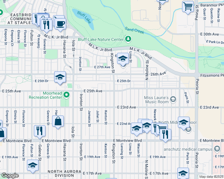 map of restaurants, bars, coffee shops, grocery stores, and more near 2507 Kingston Street in Aurora
