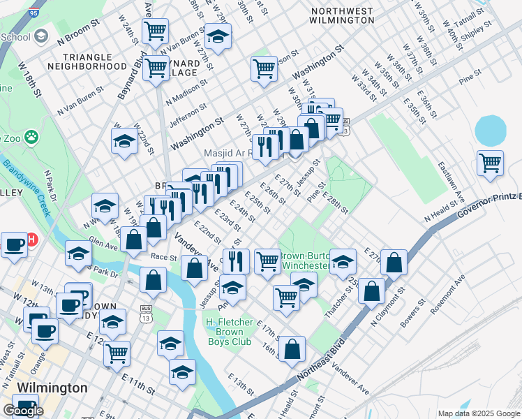 map of restaurants, bars, coffee shops, grocery stores, and more near 114 East 25th Street in Wilmington
