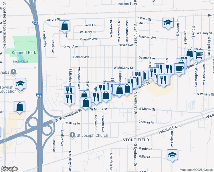 map of restaurants, bars, coffee shops, grocery stores, and more near 1017 South Worth Avenue in Indianapolis