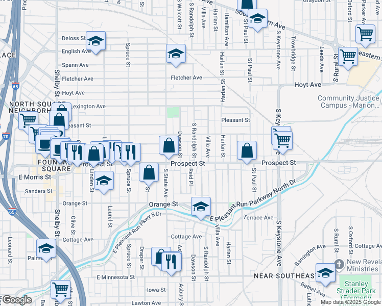 map of restaurants, bars, coffee shops, grocery stores, and more near 1048 South Randolph Street in Indianapolis