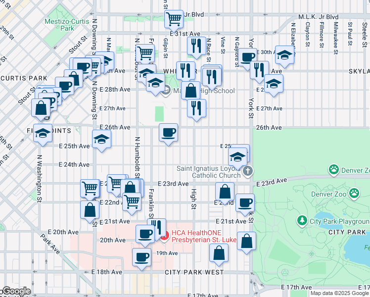 map of restaurants, bars, coffee shops, grocery stores, and more near 1812 East 25th Avenue in Denver