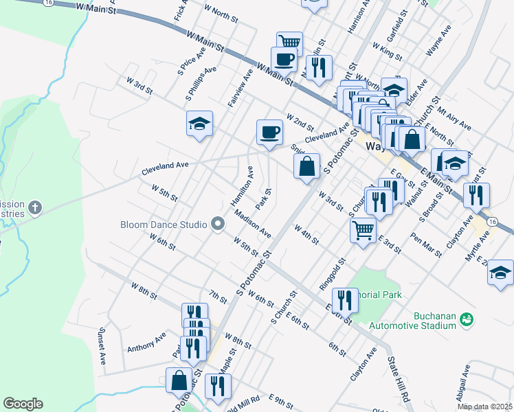 map of restaurants, bars, coffee shops, grocery stores, and more near 212 West 4th Street in Waynesboro