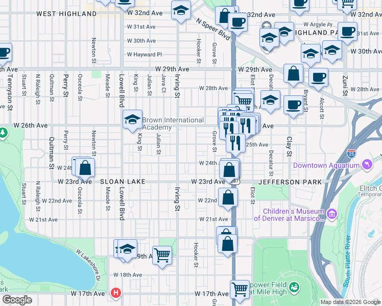 map of restaurants, bars, coffee shops, grocery stores, and more near 2421 Hooker Street in Denver