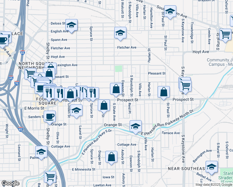 map of restaurants, bars, coffee shops, grocery stores, and more near 1041 South State Avenue in Indianapolis