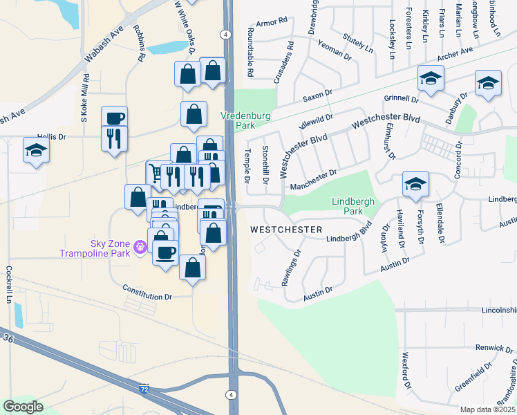 map of restaurants, bars, coffee shops, grocery stores, and more near 2700 Lindbergh Boulevard in Springfield