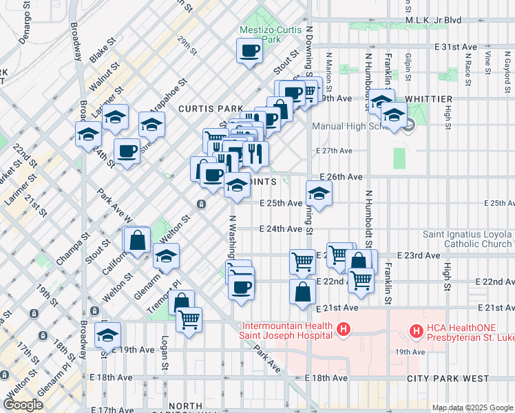 map of restaurants, bars, coffee shops, grocery stores, and more near 2480 North Clarkson street in Denver