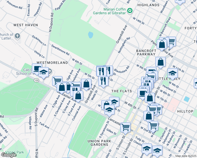 map of restaurants, bars, coffee shops, grocery stores, and more near 508 Greenhill Avenue in Wilmington