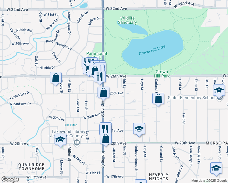 map of restaurants, bars, coffee shops, grocery stores, and more near 9937 West 25th Avenue in Lakewood