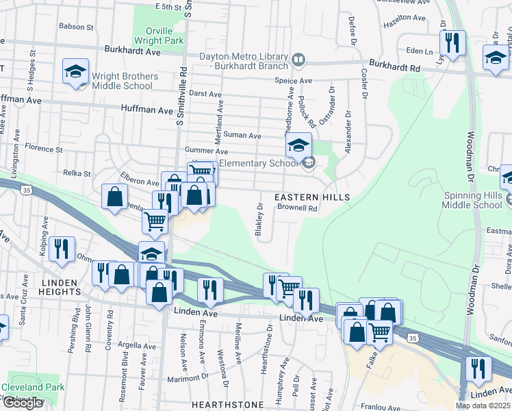 map of restaurants, bars, coffee shops, grocery stores, and more near 1029 Blakley Drive in Dayton