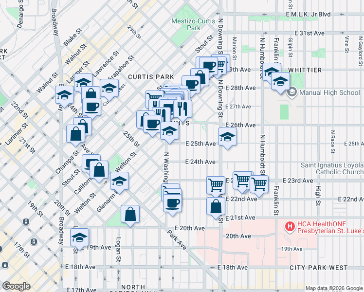 map of restaurants, bars, coffee shops, grocery stores, and more near 726 East 25th Avenue in Denver