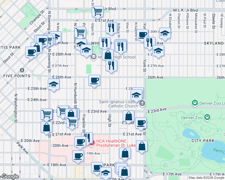 map of restaurants, bars, coffee shops, grocery stores, and more near 2449 Race Street in Denver