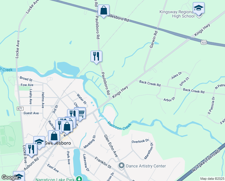 map of restaurants, bars, coffee shops, grocery stores, and more near 541 Kings Highway in Swedesboro