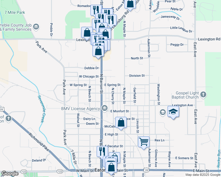 map of restaurants, bars, coffee shops, grocery stores, and more near 908 North Cherry Street in Eaton