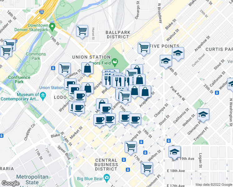 map of restaurants, bars, coffee shops, grocery stores, and more near 1934 Market Street in Denver