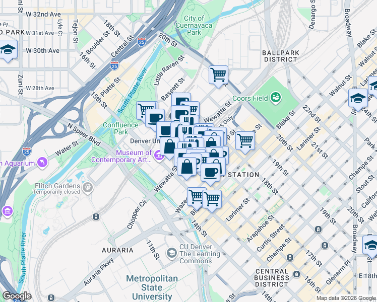 map of restaurants, bars, coffee shops, grocery stores, and more near 1803 16th Street Mall in Denver