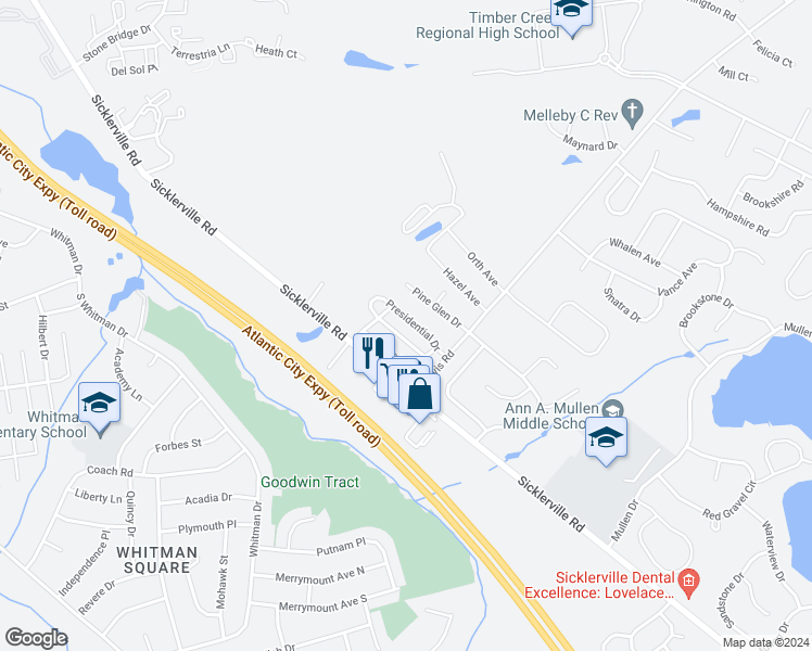 map of restaurants, bars, coffee shops, grocery stores, and more near 42 Presidential Drive in Sicklerville