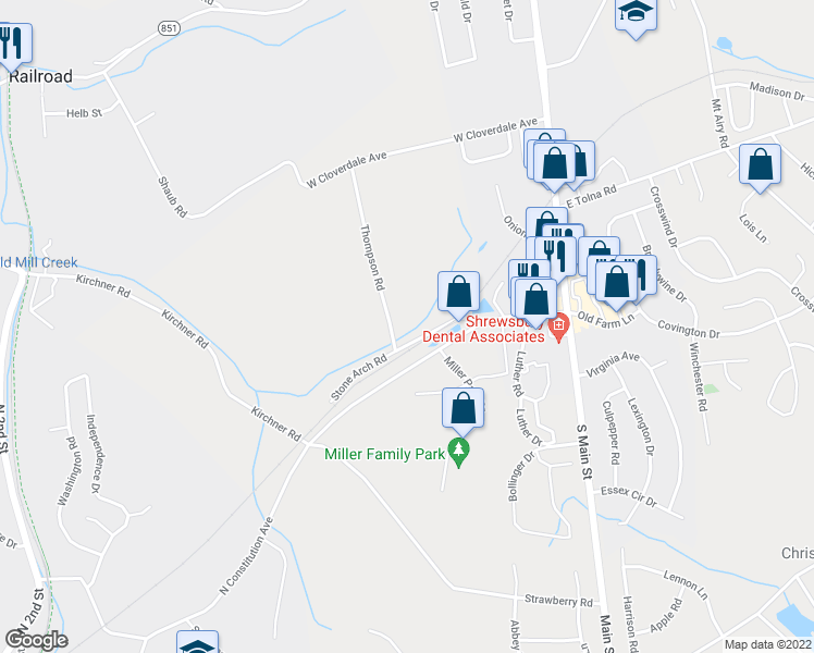 map of restaurants, bars, coffee shops, grocery stores, and more near 336 Stone Arch Road in New Freedom