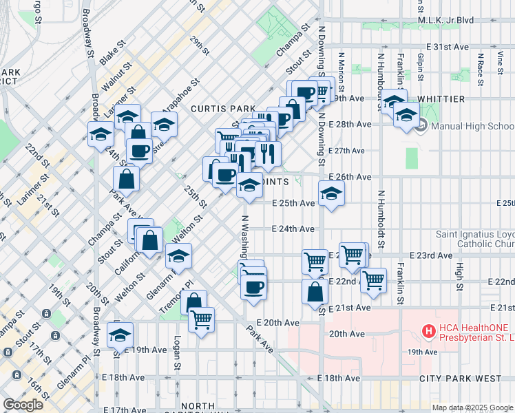 map of restaurants, bars, coffee shops, grocery stores, and more near 726 East 25th Avenue in Denver