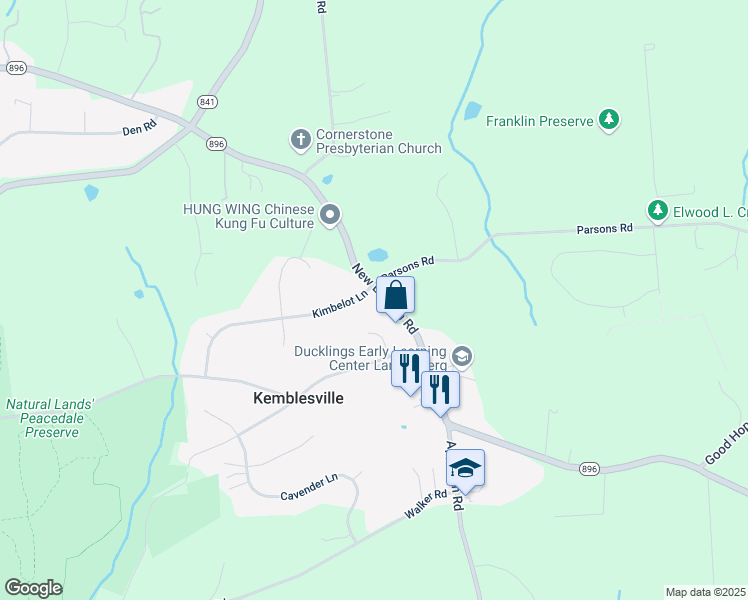 map of restaurants, bars, coffee shops, grocery stores, and more near 35 Kimbelot Lane in Landenberg