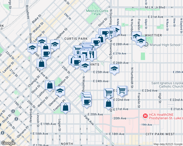 map of restaurants, bars, coffee shops, grocery stores, and more near 2480 North Clarkson street in Denver