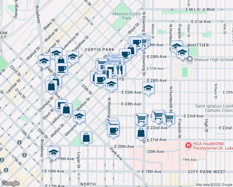 map of restaurants, bars, coffee shops, grocery stores, and more near 726 East 25th Avenue in Denver