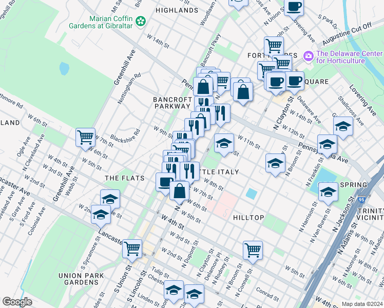 map of restaurants, bars, coffee shops, grocery stores, and more near 834 North Union Street in Wilmington