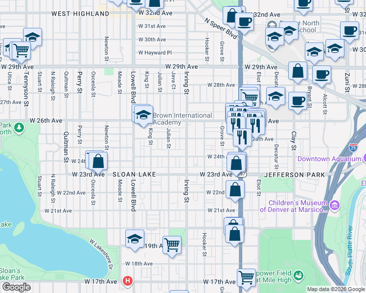 map of restaurants, bars, coffee shops, grocery stores, and more near 2433 Irving Street in Denver