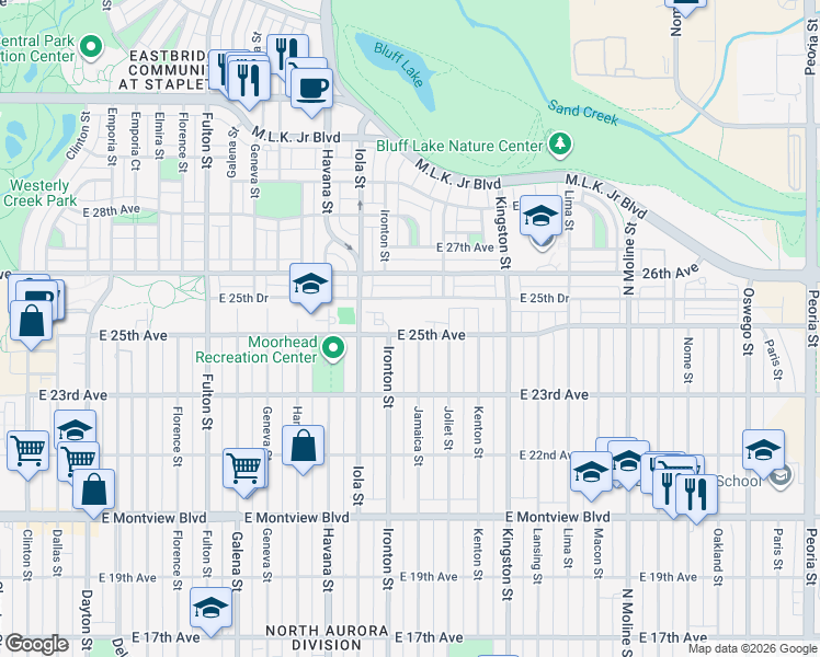 map of restaurants, bars, coffee shops, grocery stores, and more near 10805 East 25th Avenue in Aurora