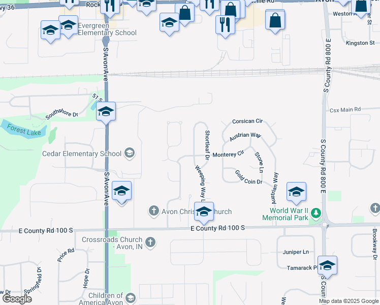 map of restaurants, bars, coffee shops, grocery stores, and more near 692 Weeping Way Lane in Avon