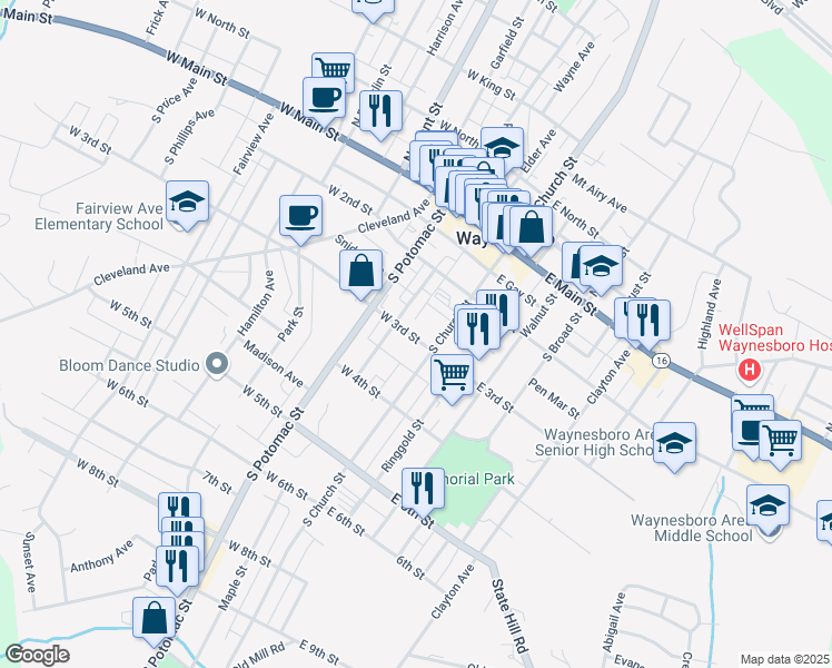 map of restaurants, bars, coffee shops, grocery stores, and more near 19 West 3rd Street in Waynesboro