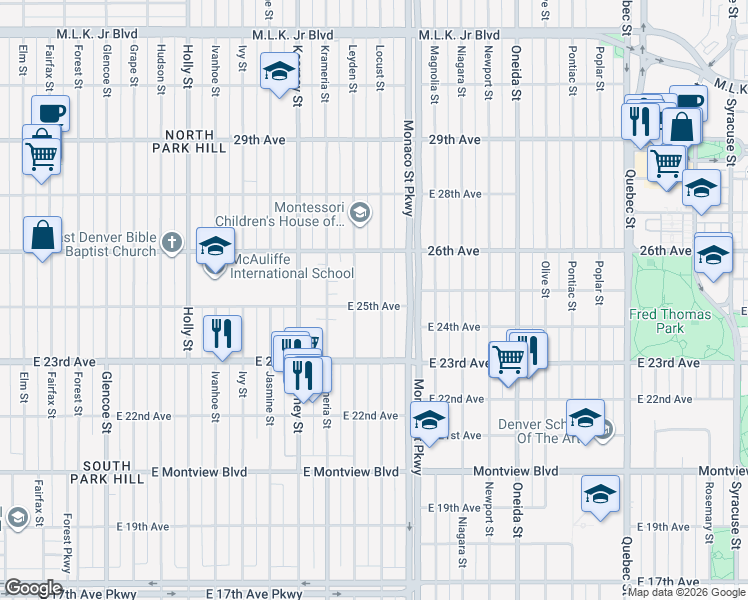 map of restaurants, bars, coffee shops, grocery stores, and more near 2501 North Locust Street in Denver