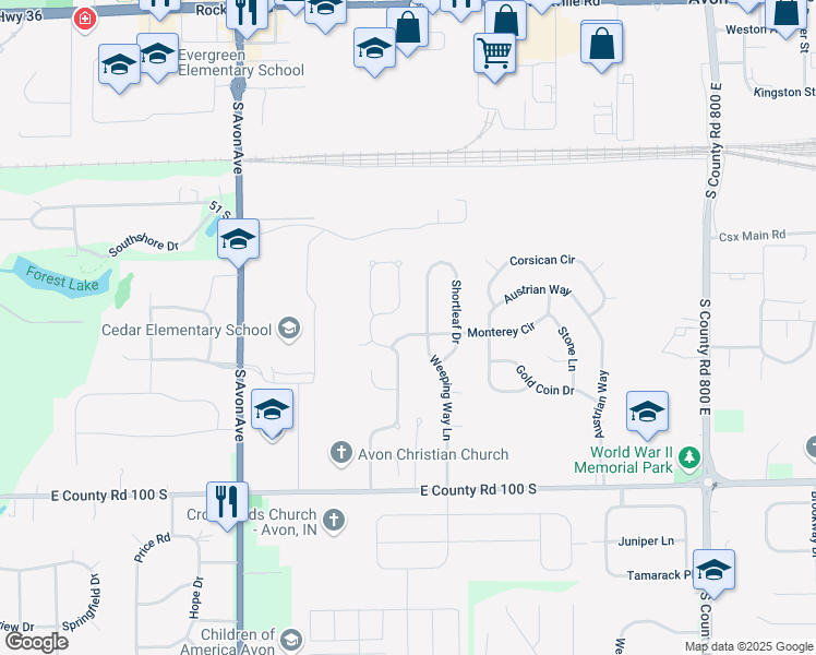 map of restaurants, bars, coffee shops, grocery stores, and more near 692 Weeping Way Lane in Avon