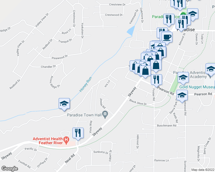 map of restaurants, bars, coffee shops, grocery stores, and more near 506 Iris Lane in Paradise
