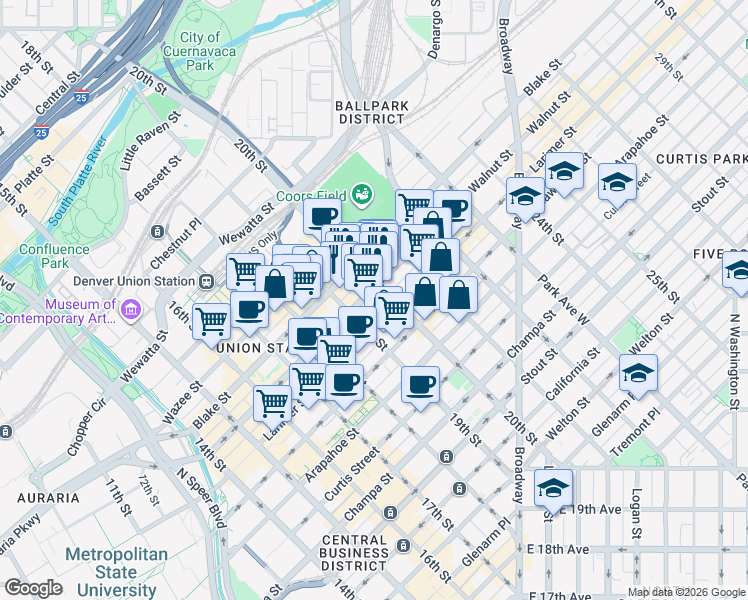 map of restaurants, bars, coffee shops, grocery stores, and more near in Denver