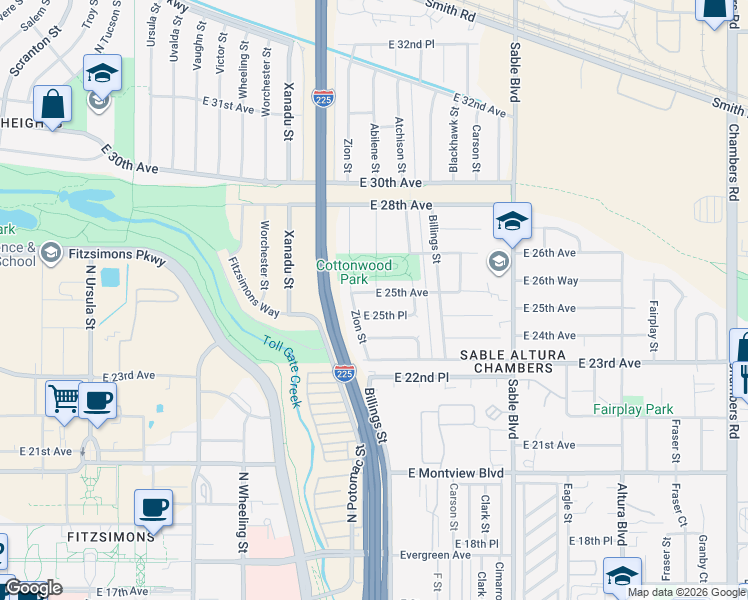 map of restaurants, bars, coffee shops, grocery stores, and more near 13706 East 25th Avenue in Aurora