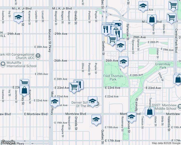 map of restaurants, bars, coffee shops, grocery stores, and more near 2440 Pontiac Street in Denver